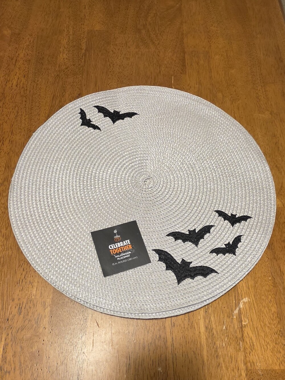 Bat Placemats - Set Of 4 Gray & Black w Embroidered Bats 15in Celebrate Together